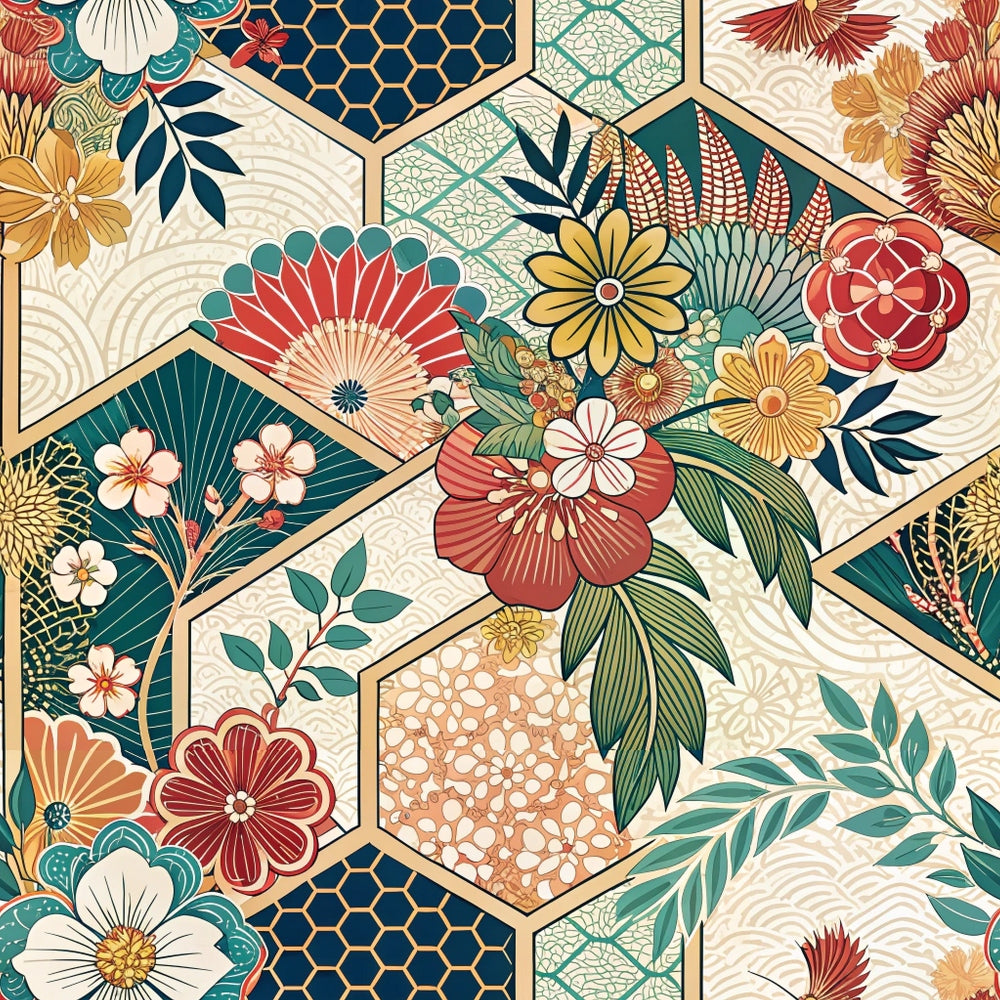 japanese kimono, hexagonal pattern, floral motifs, coral red, teal green, golden yellow, cream background, geometric shapes, cherry blossoms, oriental flowers, honeycomb design, botanical elements, asian inspired,, fabric panel, ornate blooms, decorative leaves, intricate details, vintage style, patchwork design