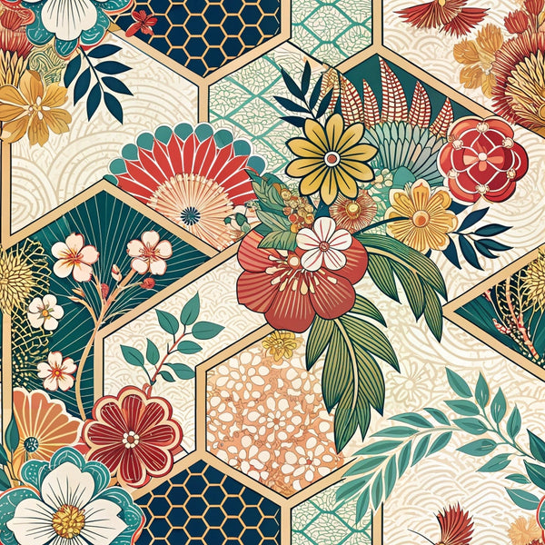 japanese kimono, hexagonal pattern, floral motifs, coral red, teal green, golden yellow, cream background, geometric shapes, cherry blossoms, oriental flowers, honeycomb design, botanical elements, asian inspired,, fabric panel, ornate blooms, decorative leaves, intricate details, vintage style, patchwork design