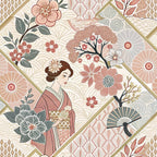 coral pink, sage green, cream, beige, japanese woman, kimono, cherry blossoms, floral motifs, geometric patterns, fan design, tree branches, diamond layout,, fabric panel, asian inspired, botanical elements, soft pastels, nature scenes, decorative florals, spring flowers