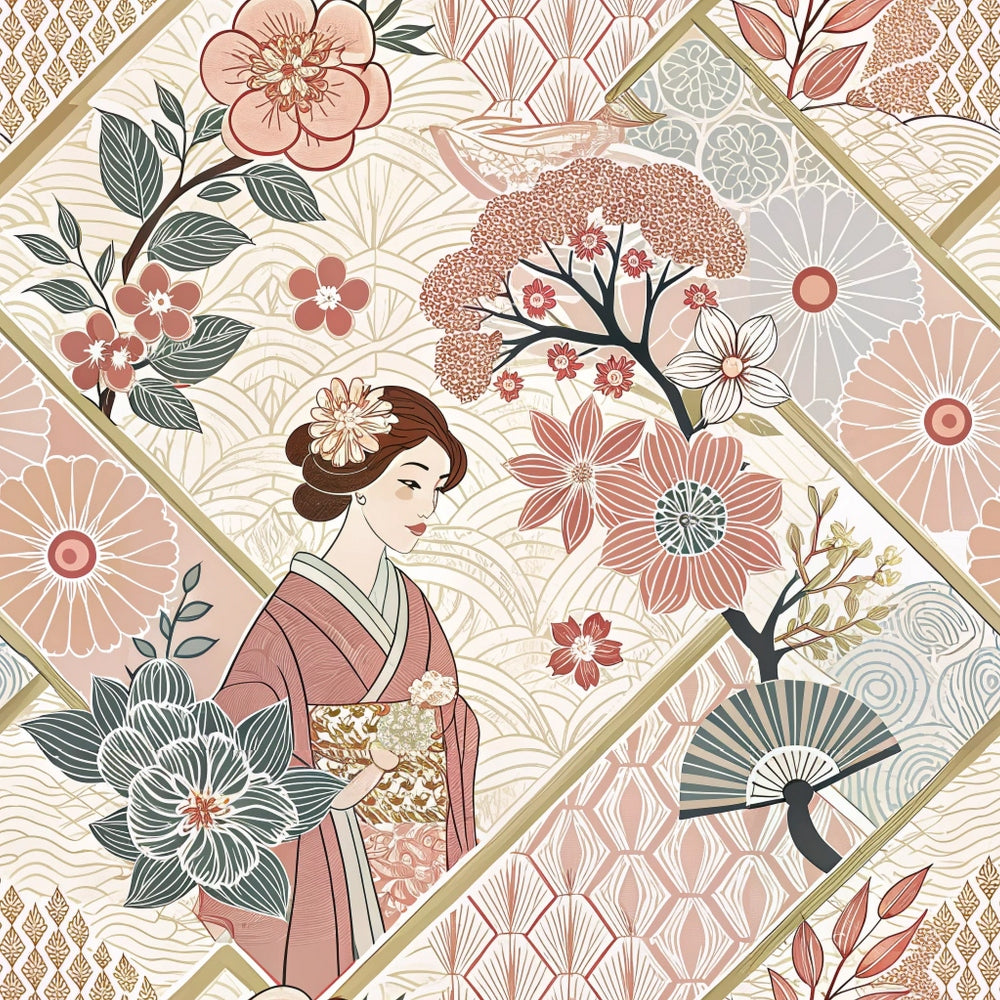 coral pink, sage green, cream, beige, japanese woman, kimono, cherry blossoms, floral motifs, geometric patterns, fan design, tree branches, diamond layout,, fabric panel, asian inspired, botanical elements, soft pastels, nature scenes, decorative florals, spring flowers