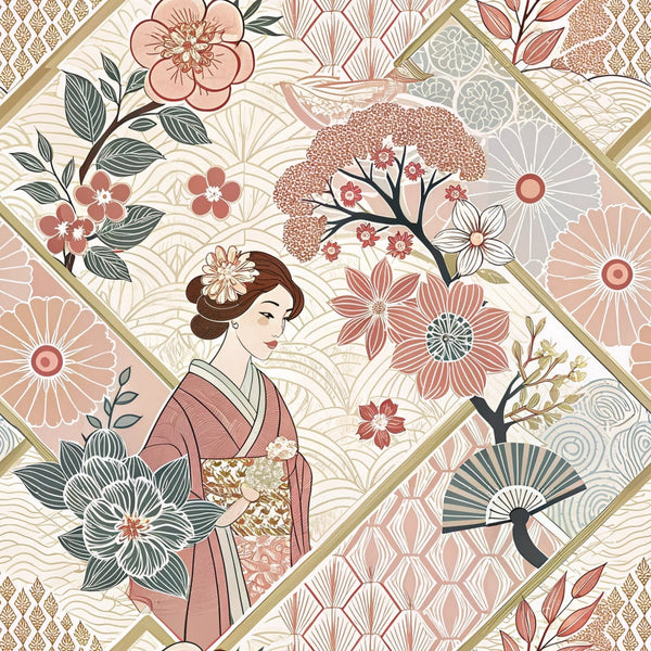 coral pink, sage green, cream, beige, japanese woman, kimono, cherry blossoms, floral motifs, geometric patterns, fan design, tree branches, diamond layout,, fabric panel, asian inspired, botanical elements, soft pastels, nature scenes, decorative florals, spring flowers