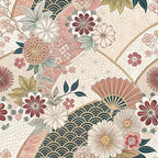 japanese kimono, floral motifs, geometric patterns, coral pink, navy blue, cream white, burgundy red, sage green, gold accents, cherry blossoms, chrysanthemums, fan shapes, wave patterns, honeycomb designs,, fabric panel, asian inspired, delicate florals, ornate details, soft pastels