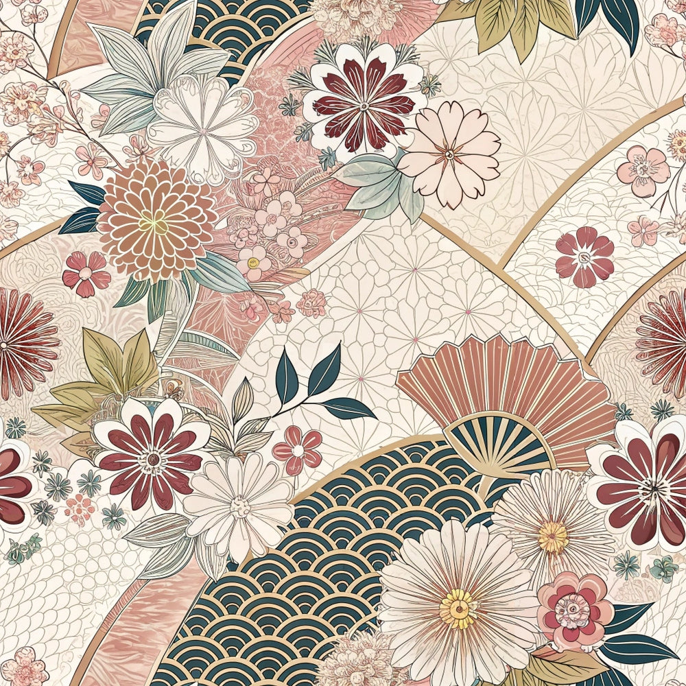 japanese kimono, floral motifs, geometric patterns, coral pink, navy blue, cream white, burgundy red, sage green, gold accents, cherry blossoms, chrysanthemums, fan shapes, wave patterns, honeycomb designs,, fabric panel, asian inspired, delicate florals, ornate details, soft pastels