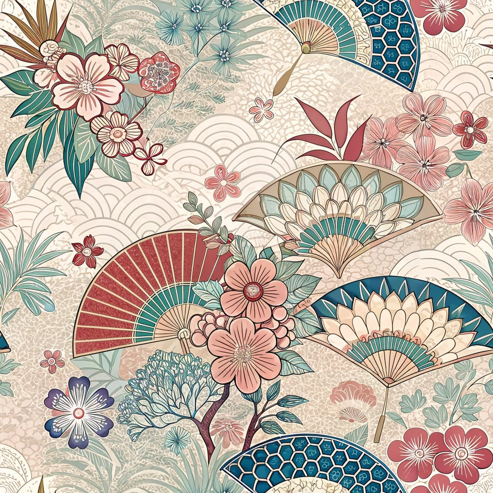 japanese kimono, floral motifs, decorative fans, cherry blossoms, coral pink, teal blue, sage green, cream beige, burgundy red, oriental pattern, asian inspired, botanical design, geometric hexagons, wave patterns,, fabric panel, spring flowers, elegant styling, soft pastels, intricate details