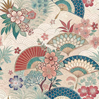 japanese kimono, floral motifs, decorative fans, cherry blossoms, coral pink, teal blue, sage green, cream beige, burgundy red, oriental pattern, asian inspired, botanical design, geometric hexagons, wave patterns,, fabric panel, spring flowers, elegant styling, soft pastels, intricate details