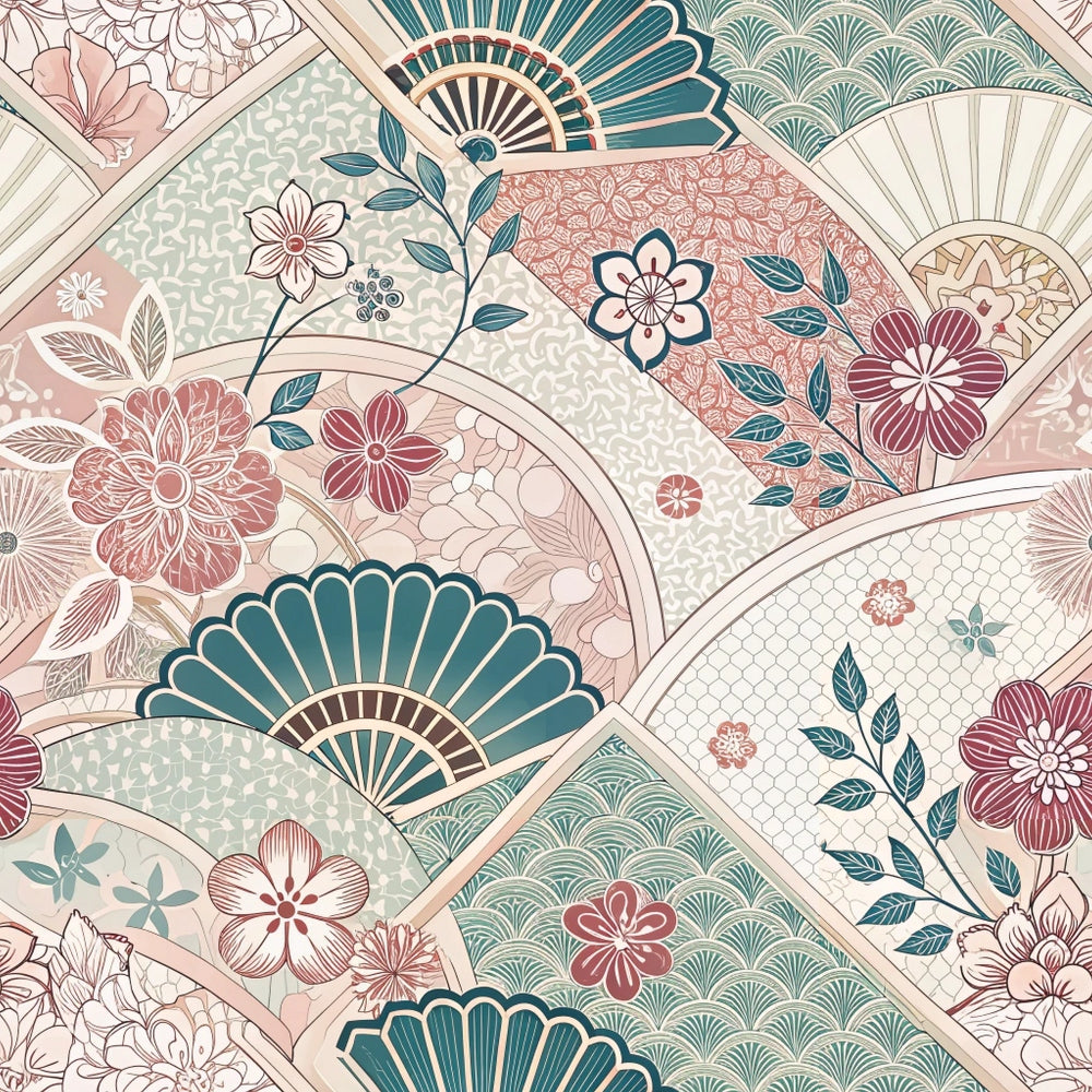 japanese kimono,, fabric panel, floral motifs, geometric patterns, fans, coral pink, teal green, sage green, cream, dusty rose, botanical elements, cherry blossoms, ornate designs, asian inspired, decorative fans, intricate details, soft pastels, vintage style