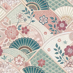 japanese kimono,, fabric panel, floral motifs, geometric patterns, fans, coral pink, teal green, sage green, cream, dusty rose, botanical elements, cherry blossoms, ornate designs, asian inspired, decorative fans, intricate details, soft pastels, vintage style