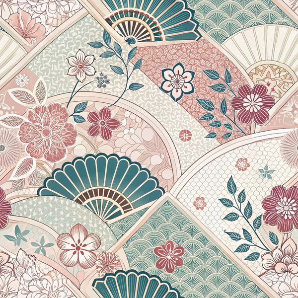 japanese kimono,, fabric panel, floral motifs, geometric patterns, fans, coral pink, teal green, sage green, cream, dusty rose, botanical elements, cherry blossoms, ornate designs, asian inspired, decorative fans, intricate details, soft pastels, vintage style