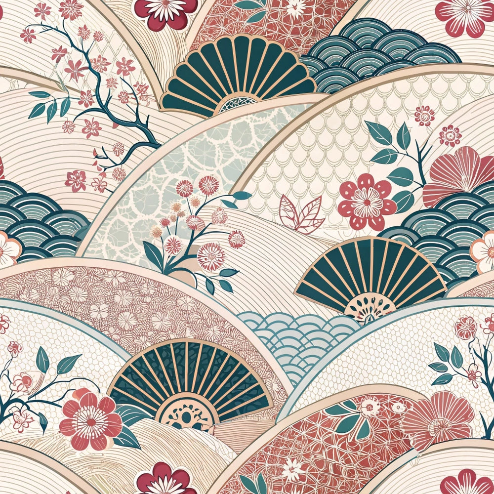 japanese kimono,, fabric panel, fan motifs, cherry blossoms, sakura flowers, teal blue, coral pink, cream beige, wave patterns, floral branches, geometric scales, oriental design, asian inspired, delicate florals, layered fans, soft pastels, botanical elements, intricate details, serene mood