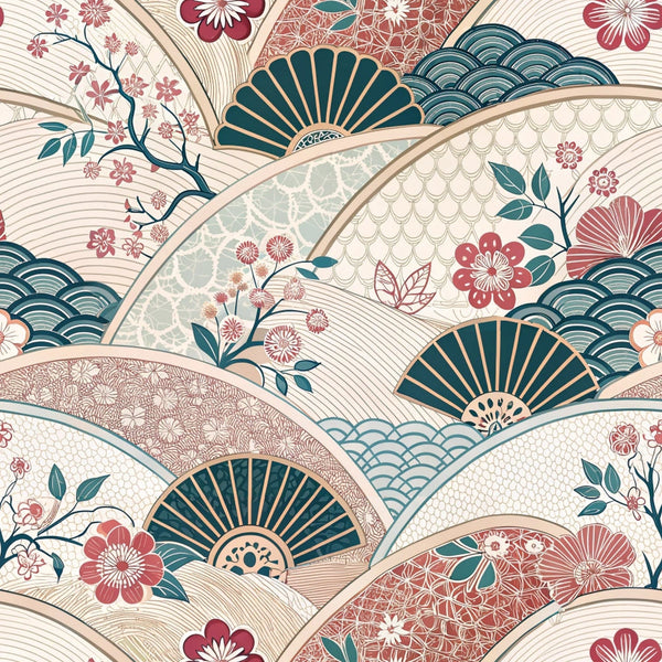 japanese kimono,, fabric panel, fan motifs, cherry blossoms, sakura flowers, teal blue, coral pink, cream beige, wave patterns, floral branches, geometric scales, oriental design, asian inspired, delicate florals, layered fans, soft pastels, botanical elements, intricate details, serene mood