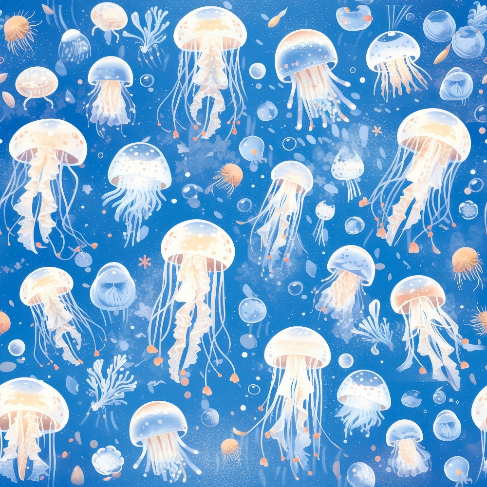jellyfish, ocean blue, translucent white, coral pink, underwater scene, marine life, floating jellyfish, tentacles, sea bubbles, aquatic pattern, whimsical illustration, soft pastels, dreamy artwork,, fabric panel, seamless repeat, nautical theme, watercolor style, peaceful mood, ocean creatures