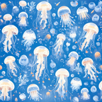 jellyfish, ocean blue, translucent white, coral pink, underwater scene, marine life, floating jellyfish, tentacles, sea bubbles, aquatic pattern, whimsical illustration, soft pastels, dreamy artwork,, fabric panel, seamless repeat, nautical theme, watercolor style, peaceful mood, ocean creatures