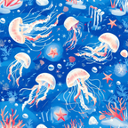 jellyfish, ocean pattern, marine life, blue background, coral pink, white tentacles, starfish, coral reef, sea creatures, underwater scene, whimsical illustration, nautical theme,, fabric panel, ocean bubbles, aquatic design, coastal motif, sea life pattern, tropical marine, swimming jellyfish
