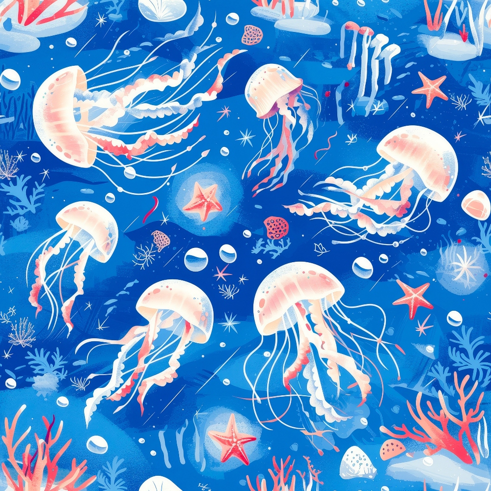 jellyfish, ocean pattern, marine life, blue background, coral pink, white tentacles, starfish, coral reef, sea creatures, underwater scene, whimsical illustration, nautical theme,, fabric panel, ocean bubbles, aquatic design, coastal motif, sea life pattern, tropical marine, swimming jellyfish