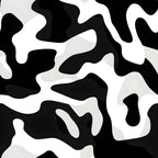 black, white, gray, camouflage pattern, abstract shapes, organic forms, flowing design, modern style,, fabric panel, jungle theme, animal print inspired, monochrome palette, contemporary art, geometric organic, wildlife motif, cotton fabric, crafting material, bold contrast