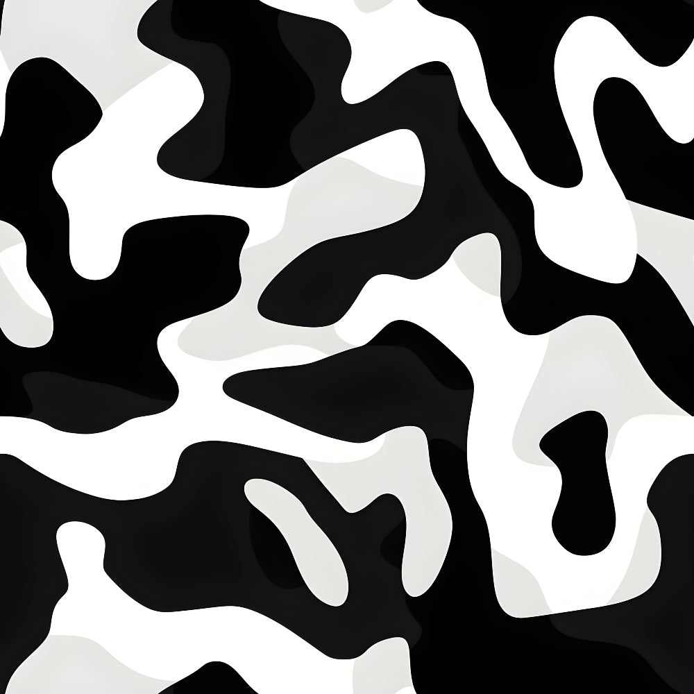 black, white, gray, camouflage pattern, abstract shapes, organic forms, flowing design, modern style,, fabric panel, jungle theme, animal print inspired, monochrome palette, contemporary art, geometric organic, wildlife motif, cotton fabric, crafting material, bold contrast