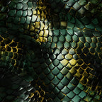 reptile scales, snake skin, emerald green, golden yellow, metallic sheen, iridescent pattern, jungle animal, exotic texture, serpentine design, dark forest green, overlapping scales, wildlife pattern,, fabric panel, natural camouflage, tropical theme, animal print, textured surface, organic pattern, wilderness motif