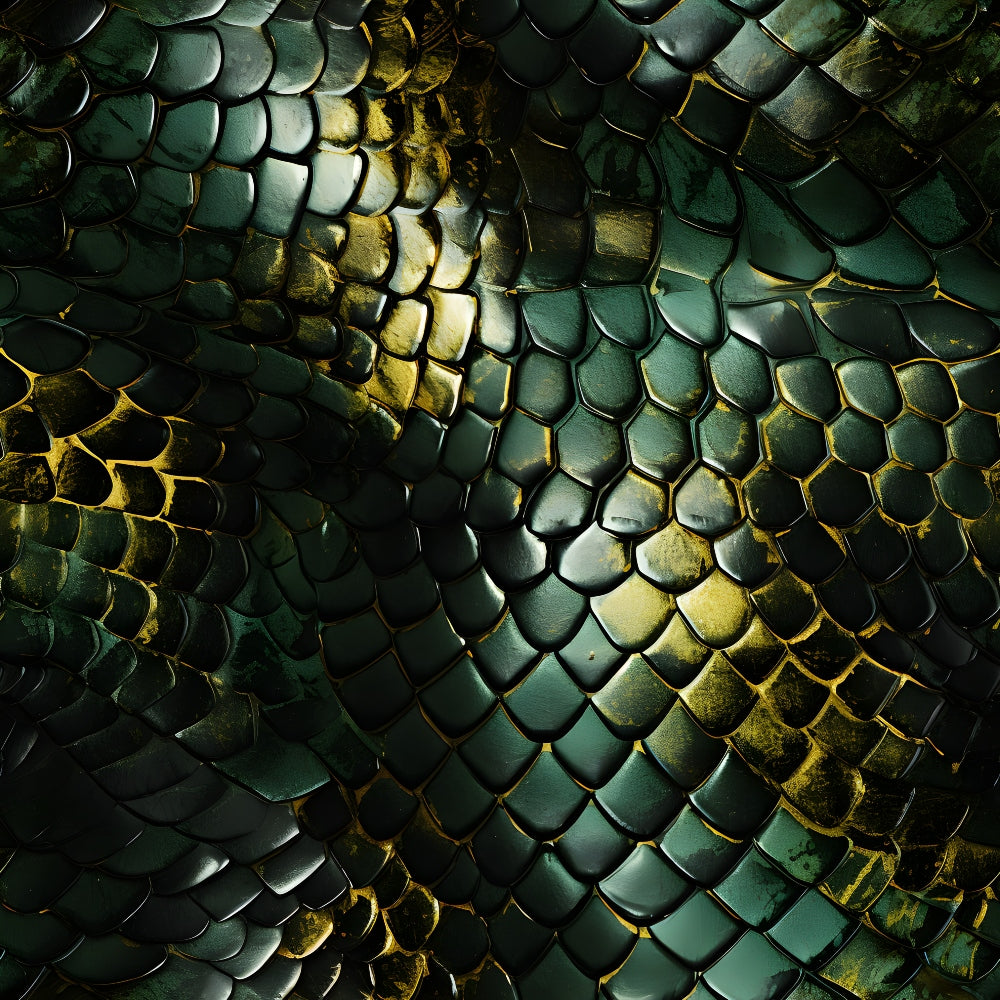 reptile scales, snake skin, emerald green, golden yellow, metallic sheen, iridescent pattern, jungle animal, exotic texture, serpentine design, dark forest green, overlapping scales, wildlife pattern,, fabric panel, natural camouflage, tropical theme, animal print, textured surface, organic pattern, wilderness motif