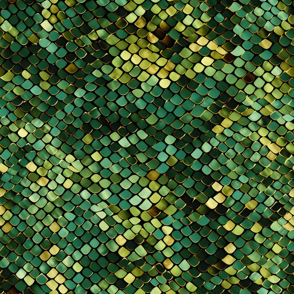 jungle pattern, animal skin texture, reptile scales, snake skin, green tones, emerald green, lime green, yellow accents, golden highlights, camouflage design, tropical theme, exotic pattern,, fabric panel, nature inspired, wilderness motif, textured appearance, geometric scales, overlapping pattern, safari theme
