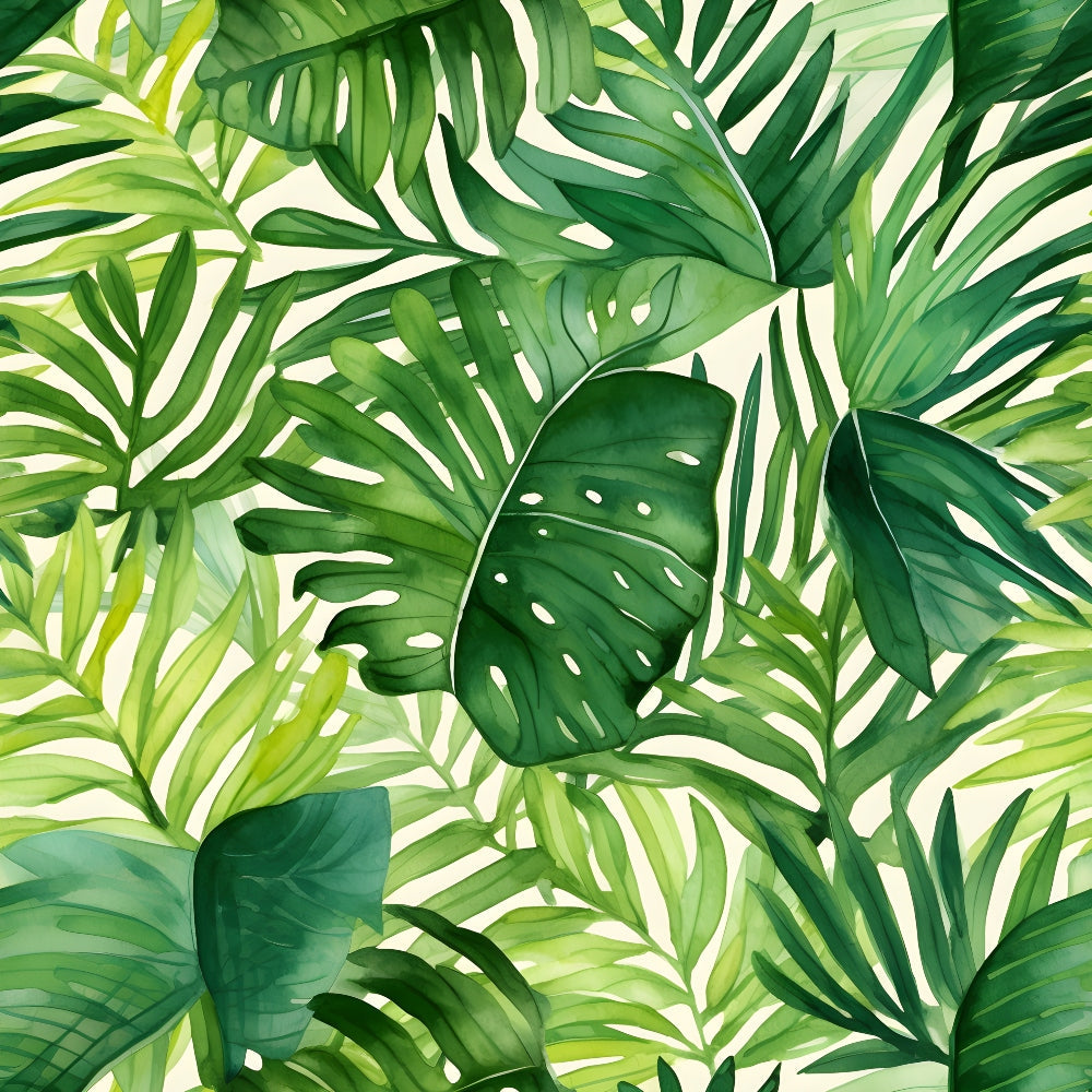 jungle leaves, tropical foliage, monstera leaves, palm fronds, forest green, lime green, sage green, emerald green, cream background, botanical pattern, tropical plants, nature design, leafy pattern,, fabric panel, tropical theme, lush foliage, rainforest plants, watercolor style, organic shapes