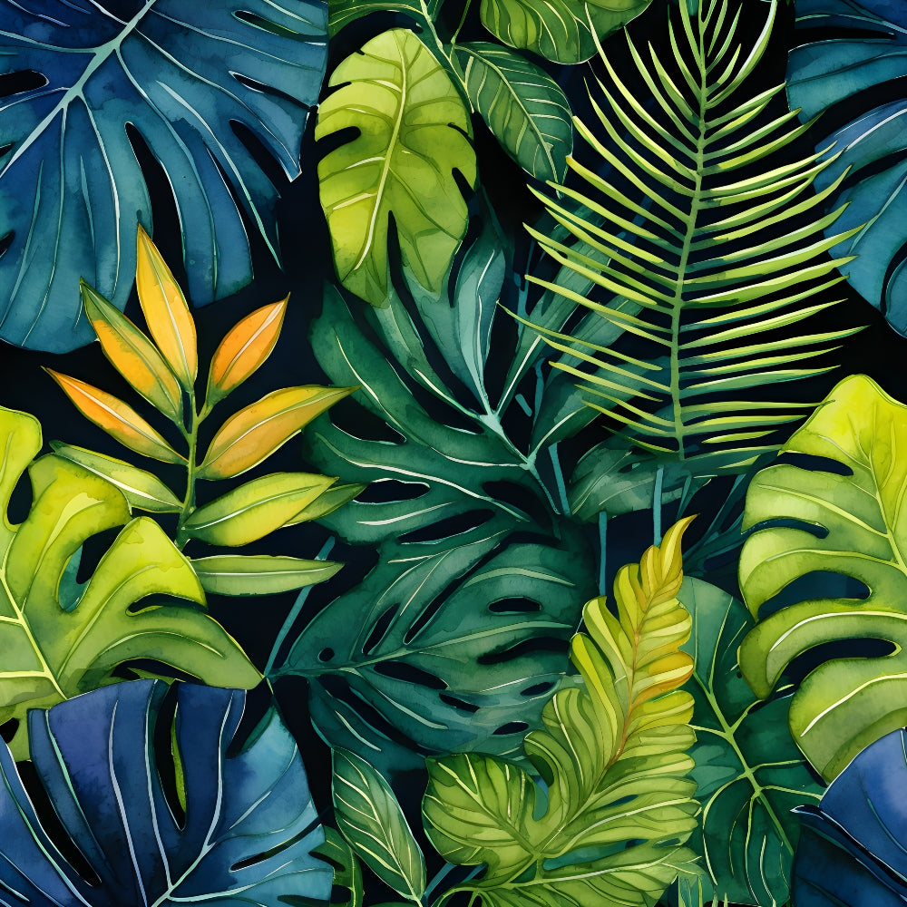 jungle leaves, tropical foliage, monstera leaves, palm fronds, botanical pattern, emerald green, teal blue, lime green, golden yellow, navy blue, tropical plants, rainforest theme, exotic flora,, fabric panel, nature motif, vibrant colors, leafy design, tropical paradise, lush greenery