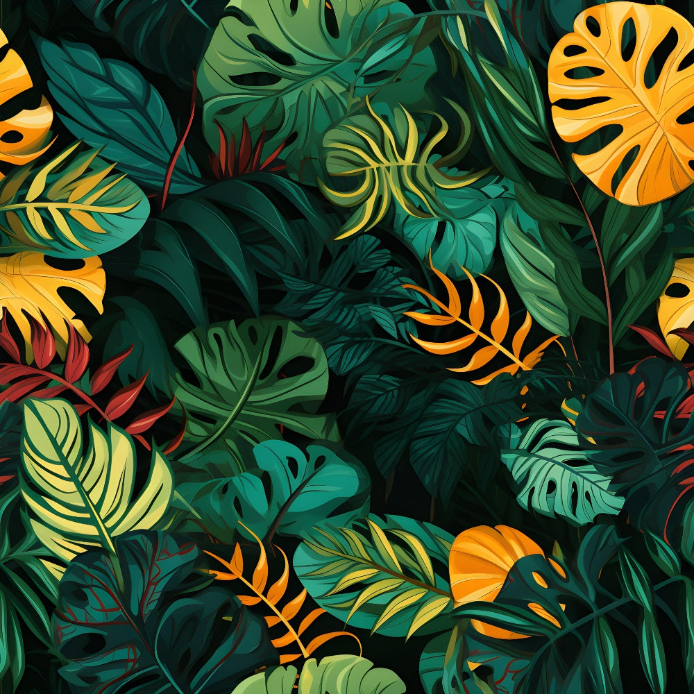 jungle leaves, tropical foliage, monstera leaves, palm fronds, emerald green, forest green, golden yellow, orange accents, red highlights, botanical pattern, nature design, exotic plants, rainforest theme, lush vegetation,, fabric panel, seamless pattern, tropical paradise, vibrant colors, leaf motifs