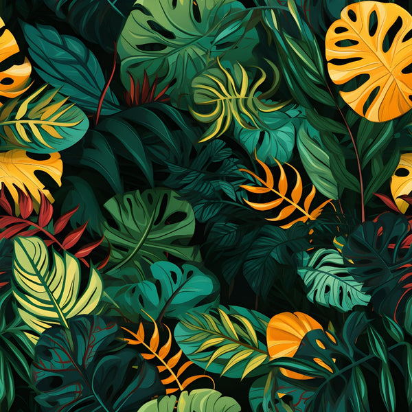 jungle leaves, tropical foliage, monstera leaves, palm fronds, emerald green, forest green, golden yellow, orange accents, red highlights, botanical pattern, nature design, exotic plants, rainforest theme, lush vegetation,, fabric panel, seamless pattern, tropical paradise, vibrant colors, leaf motifs
