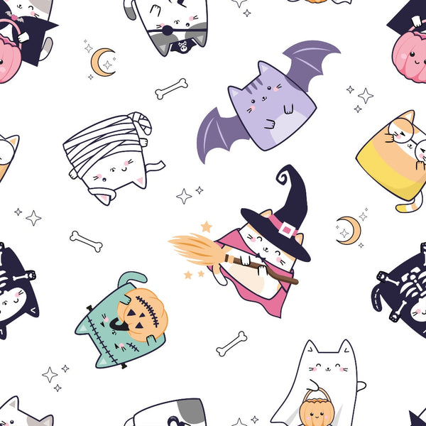 kawaii cats, halloween pattern, cute characters, purple, pink, orange, white, pastel colors, witch hats, bat wings, pumpkins, mummy wrapping, skeleton, broomstick, crescent moon, stars, bones,, fabric panel, whimsical style, spooky cute, autumn theme, cartoon animals, seasonal design
