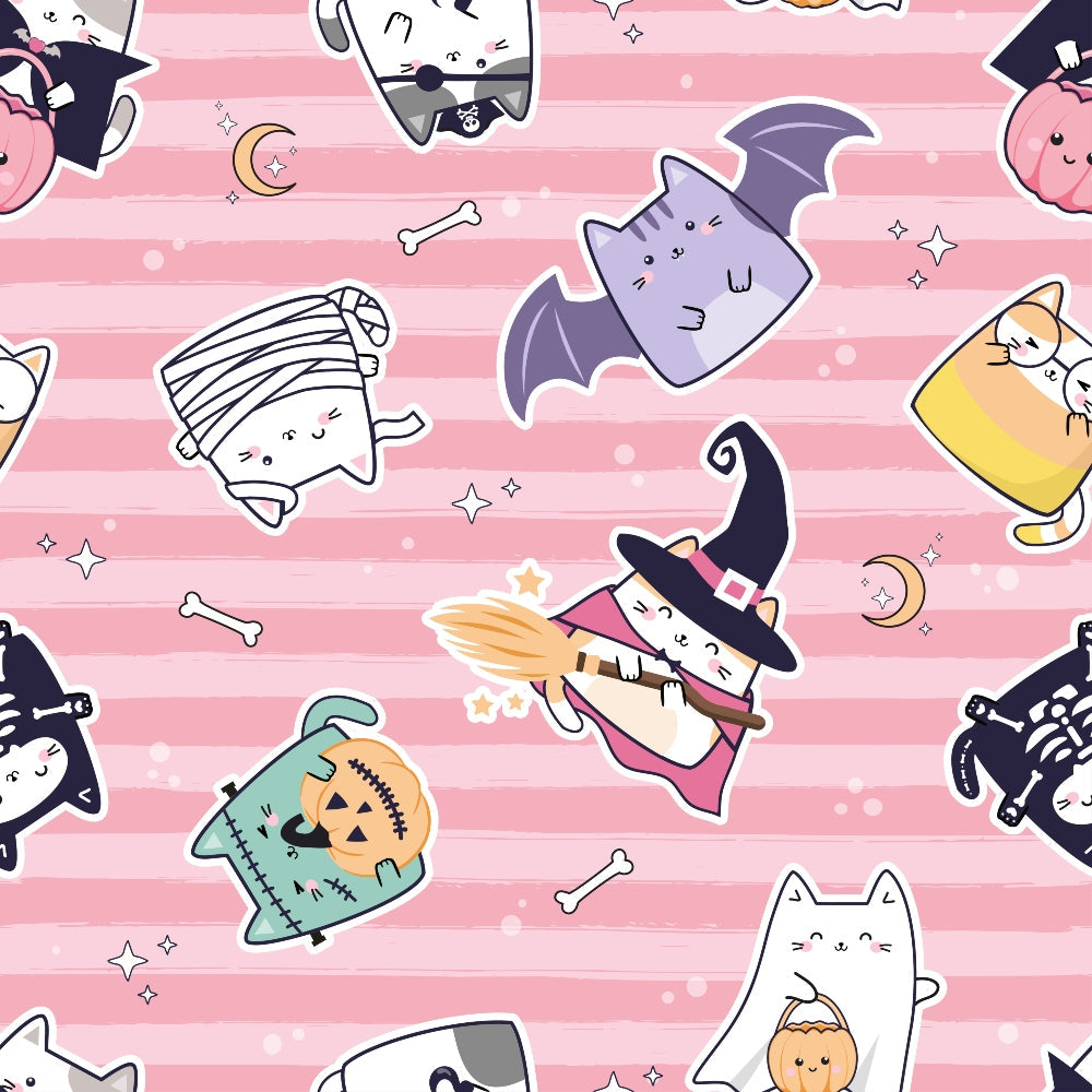 kawaii cats, halloween theme, pink stripes, cute characters, witch hats, pumpkins, bat wings, mummy bandages, skeleton cats, pastel pink, white stripes, magical elements, stars, crescent moon, bones,, fabric panel, kawaii style, spooky cute, halloween cats