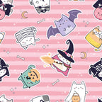 kawaii cats, halloween theme, pink stripes, cute characters, witch hats, pumpkins, bat wings, mummy bandages, skeleton cats, pastel pink, white stripes, magical elements, stars, crescent moon, bones,, fabric panel, kawaii style, spooky cute, halloween cats