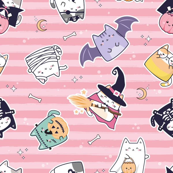 kawaii cats, halloween theme, pink stripes, cute characters, witch hats, pumpkins, bat wings, mummy bandages, skeleton cats, pastel pink, white stripes, magical elements, stars, crescent moon, bones,, fabric panel, kawaii style, spooky cute, halloween cats
