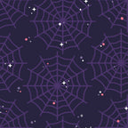 purple spider webs, dark navy background, halloween spiders, gothic pattern, spooky design,, fabric panel, web pattern, mystical stars, pink accent dots, purple gradient, creepy crawly, halloween themed, radial web design, celestial elements, witchy aesthetic, seasonal fabric, craft material, cotton blend, eerie atmosphere