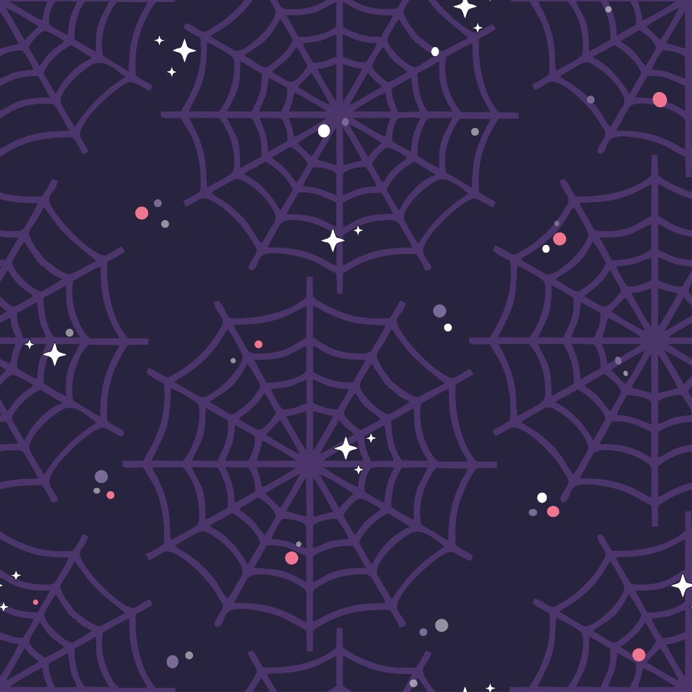 purple spider webs, dark navy background, halloween spiders, gothic pattern, spooky design,, fabric panel, web pattern, mystical stars, pink accent dots, purple gradient, creepy crawly, halloween themed, radial web design, celestial elements, witchy aesthetic, seasonal fabric, craft material, cotton blend, eerie atmosphere