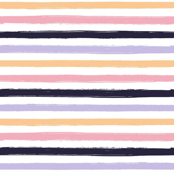 peach, pink, lavender, navy blue, horizontal stripes, brushstroke texture, watercolor style, pastel colors,, fabric panel, soft stripes, painted stripes, cotton fabric, crafting material, sewing fabric, striped pattern, muted tones, artistic stripes