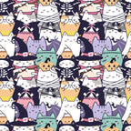 kawaii cats, halloween theme, cute animals, pastel colors, white cats, orange pumpkins, witch hats, mummy cats, pirate cats, skeleton cats, frankenstein cats, vampire cats, repeating pattern,, fabric panel, cartoon style, playful design, spooky cute, autumn colors, black accents, purple tones, pink details