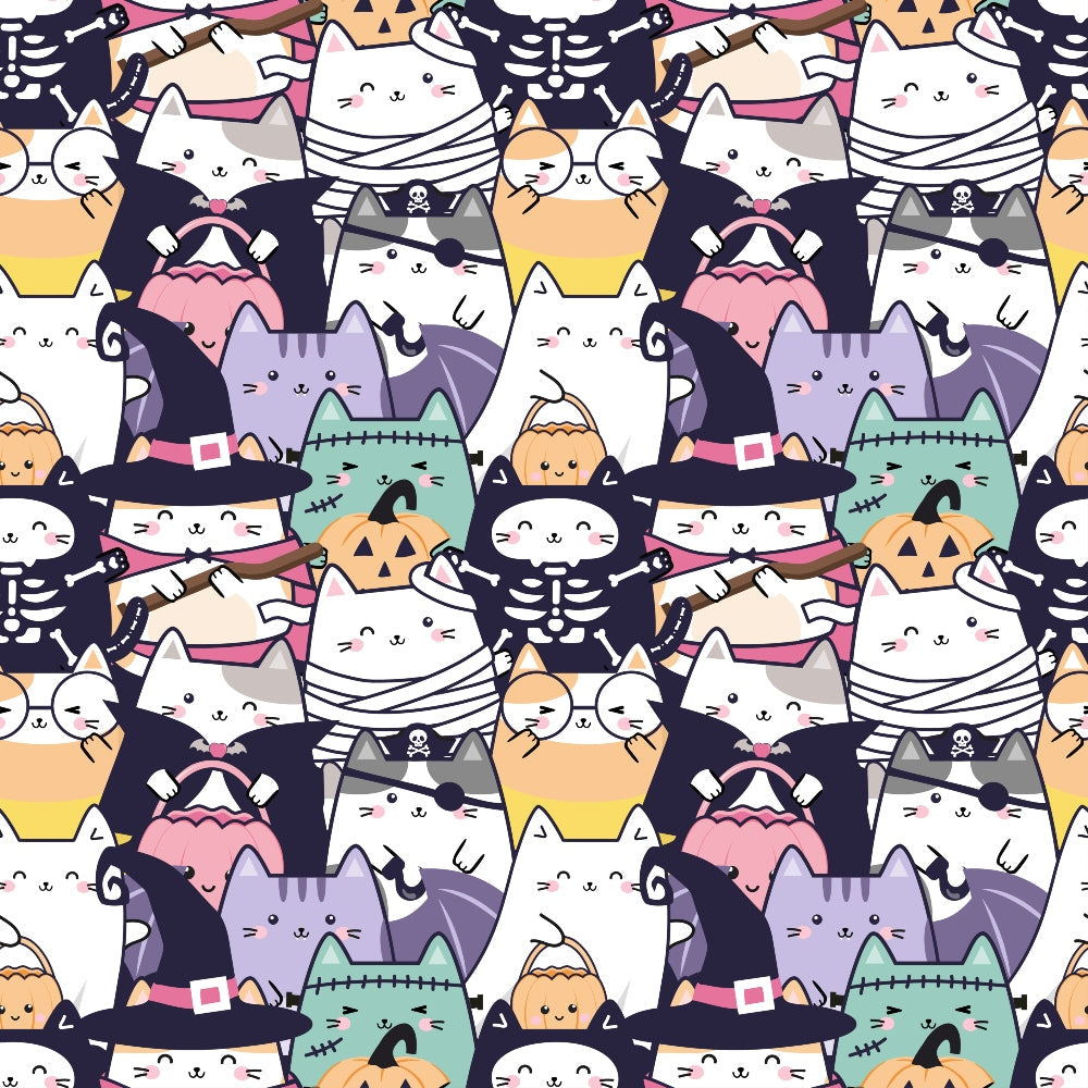 kawaii cats, halloween theme, cute animals, pastel colors, white cats, orange pumpkins, witch hats, mummy cats, pirate cats, skeleton cats, frankenstein cats, vampire cats, repeating pattern,, fabric panel, cartoon style, playful design, spooky cute, autumn colors, black accents, purple tones, pink details