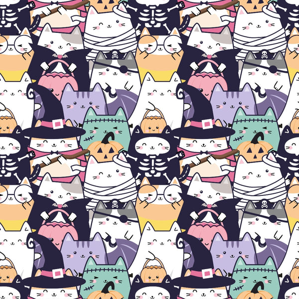 kawaii cats, halloween theme, cute animals, pastel colors, white cats, orange pumpkins, witch hats, mummy cats, pirate cats, skeleton cats, frankenstein cats, vampire cats, repeating pattern,, fabric panel, cartoon style, playful design, spooky cute, autumn colors, black accents, purple tones, pink details