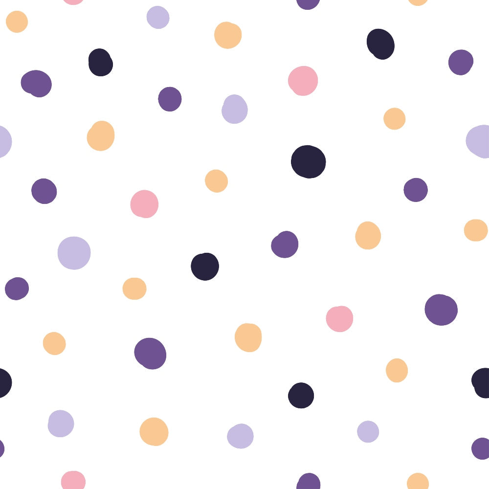 polka dots, colorful circles, peach, pink, purple, lavender, navy blue, scattered pattern, geometric design, playful dots,, fabric panel, whimsical pattern, craft fabric, sewing material, spotted design, multicolor dots, random placement, cheerful colors