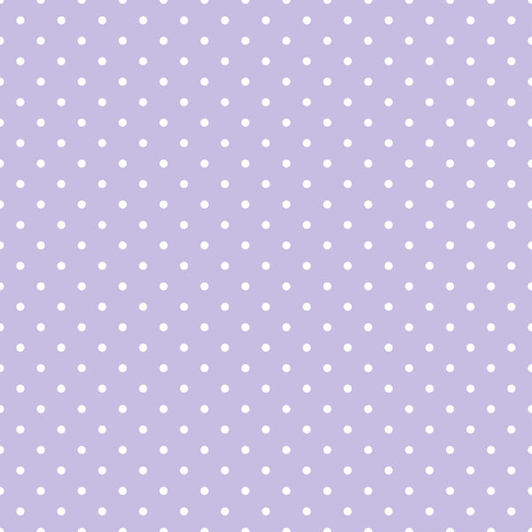lavender, purple, white dots, polka dot pattern, small dots, regular spacing, geometric design, cotton fabric, quilting material, fabric panel, cute aesthetic, soft colors, pastel purple, repeating pattern, crafting fabric, sewing material, kawaii style, sweet design, spotted fabric, dotted background