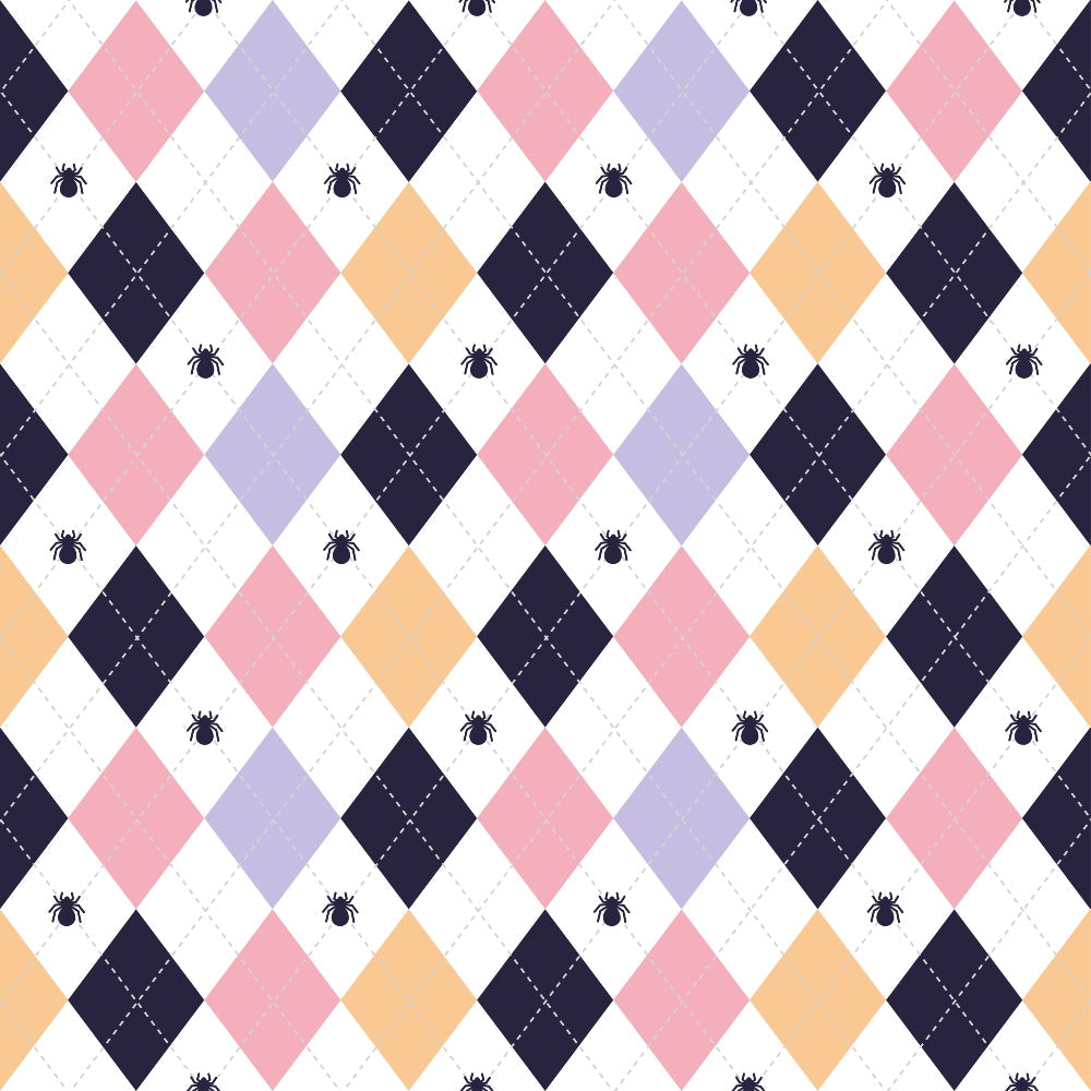 kawaii, halloween, cats,, fabric panel, argyle pattern, diamond shapes, pink, purple, orange, navy blue, white, cute animals, spiders, geometric design, pastel colors, seasonal fabric, autumn theme, playful mood, crafting material
