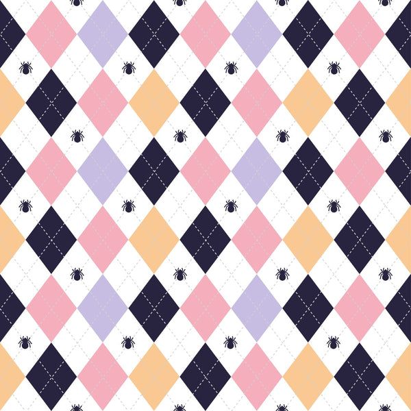 kawaii, halloween, cats,, fabric panel, argyle pattern, diamond shapes, pink, purple, orange, navy blue, white, cute animals, spiders, geometric design, pastel colors, seasonal fabric, autumn theme, playful mood, crafting material