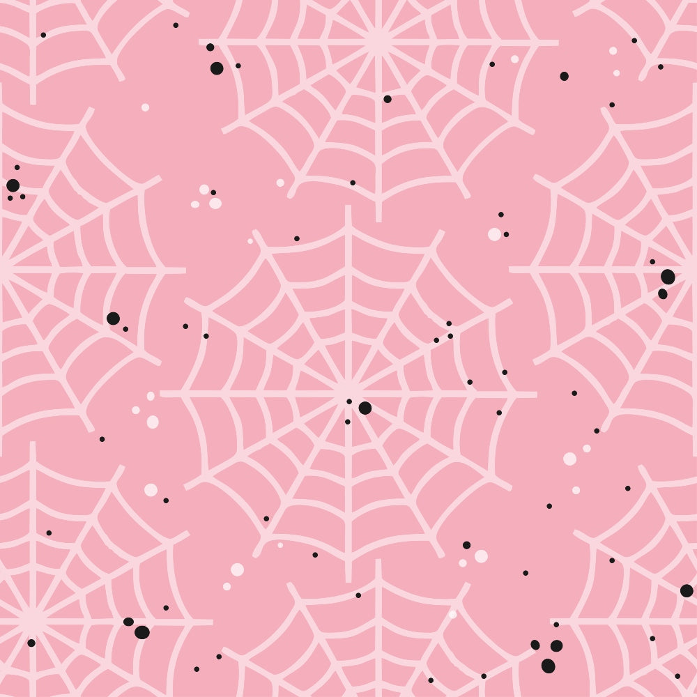 pink fabric, spider webs, halloween pattern, kawaii style, cute spiders,, fabric panel, pastel pink, white webs, black dots, seasonal fabric, spooky cute, halloween decor, craft fabric, sewing material, repetitive pattern, gothic kawaii, halloween crafts