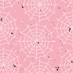pink fabric, spider webs, halloween pattern, kawaii style, cute spiders,, fabric panel, pastel pink, white webs, black dots, seasonal fabric, spooky cute, halloween decor, craft fabric, sewing material, repetitive pattern, gothic kawaii, halloween crafts