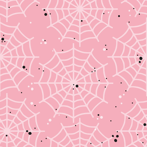 pink fabric, spider webs, halloween pattern, kawaii style, cute spiders,, fabric panel, pastel pink, white webs, black dots, seasonal fabric, spooky cute, halloween decor, craft fabric, sewing material, repetitive pattern, gothic kawaii, halloween crafts