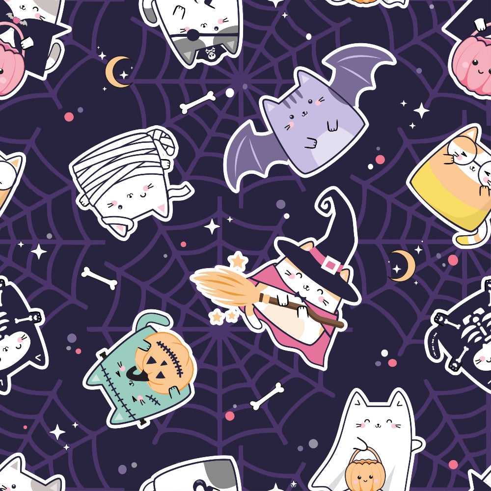 purple, dark navy, kawaii style, halloween cats, cute characters, witch hat, pumpkin, bat wings, mummy, skeleton, spider web, crescent moon, stars, bones,, fabric panel, cartoon style, spooky cute, halloween theme, sticker style