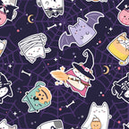 purple, dark navy, kawaii style, halloween cats, cute characters, witch hat, pumpkin, bat wings, mummy, skeleton, spider web, crescent moon, stars, bones,, fabric panel, cartoon style, spooky cute, halloween theme, sticker style