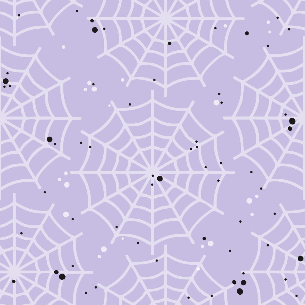 lavender, purple, spider webs, spooky, halloween, gothic, web pattern,, fabric panel, cute halloween, pastel goth, geometric webs, black dots, white dots, scattered dots, halloween decor, craft fabric, sewing material, seasonal fabric, kawaii style