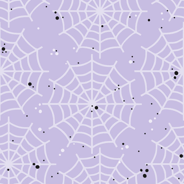 lavender, purple, spider webs, spooky, halloween, gothic, web pattern,, fabric panel, cute halloween, pastel goth, geometric webs, black dots, white dots, scattered dots, halloween decor, craft fabric, sewing material, seasonal fabric, kawaii style