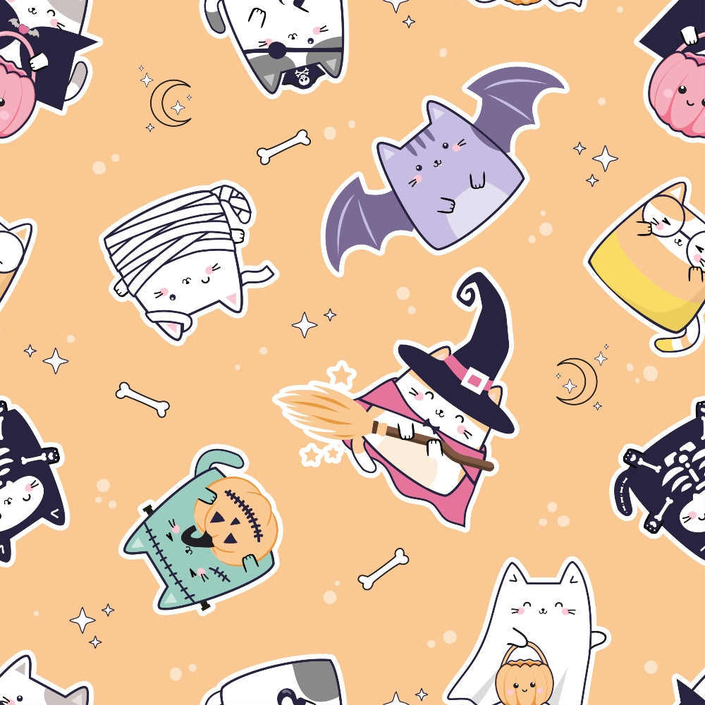 orange background, kawaii cats, halloween theme, cute characters, witch hats, bat wings, mummy wrapping, pumpkins, magical elements, stars, crescent moon, bones, pastel colors, purple, pink, yellow,, fabric panel, whimsical style, seasonal design, cartoon cats
