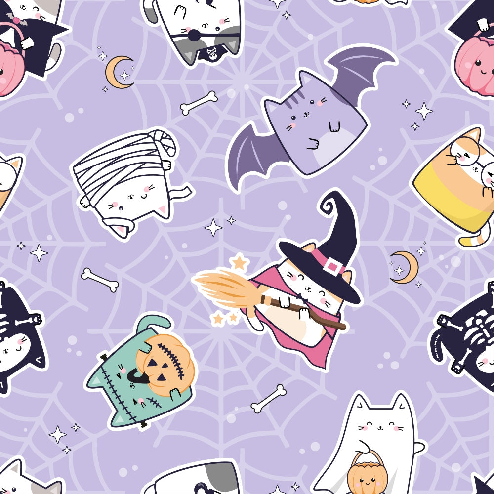 kawaii cats, halloween theme, purple background, pastel colors, cute characters, witch hats, pumpkins, bat wings, mummy wrapping, skeleton bones, crescent moon, stars, spiderwebs,, fabric panel, kawaii style, halloween costumes, adorable animals, festive pattern, seasonal design